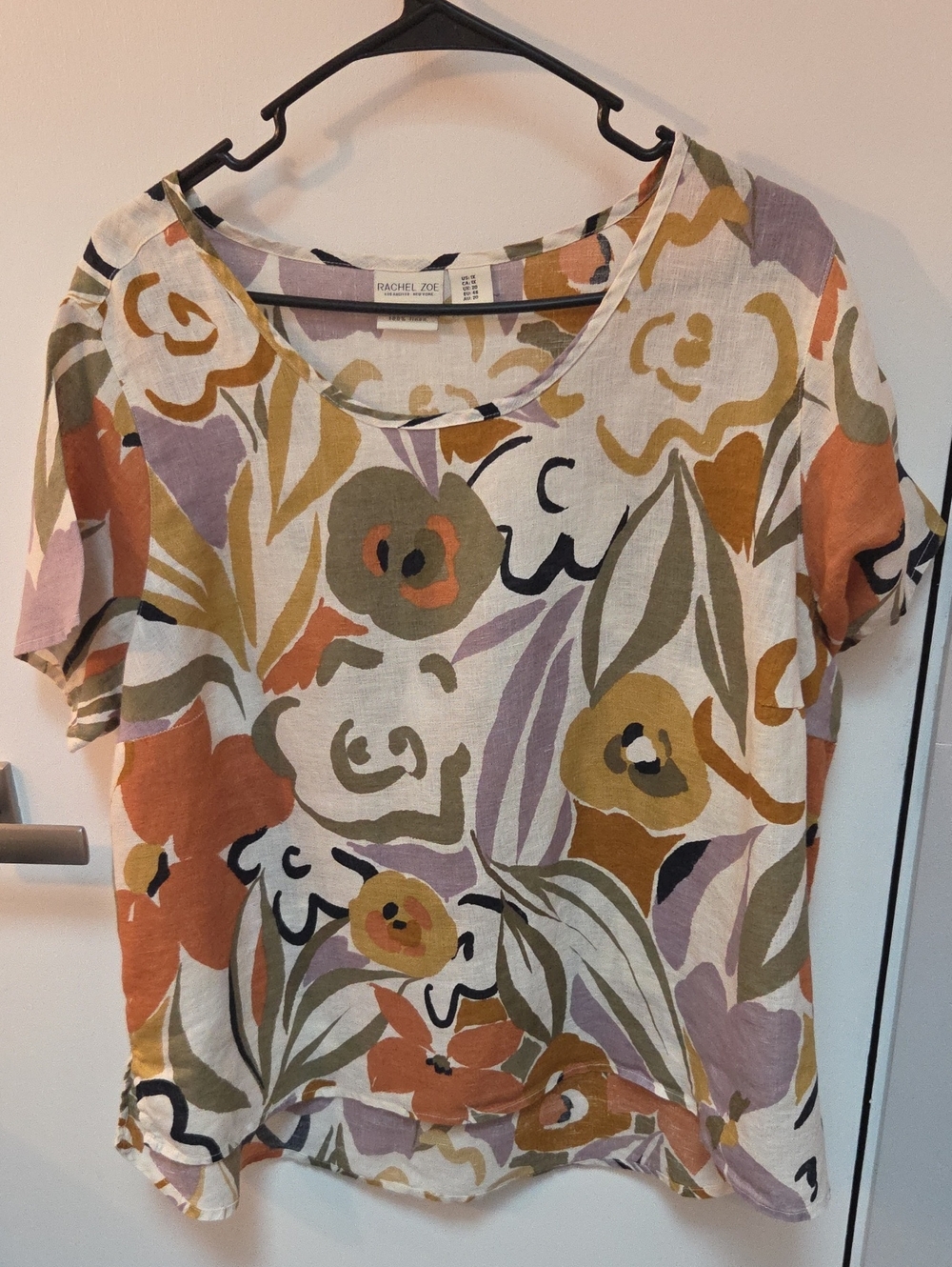 Rachel Zoe Short Sleeve Linen Top in avRust, Olive & Lavender Print